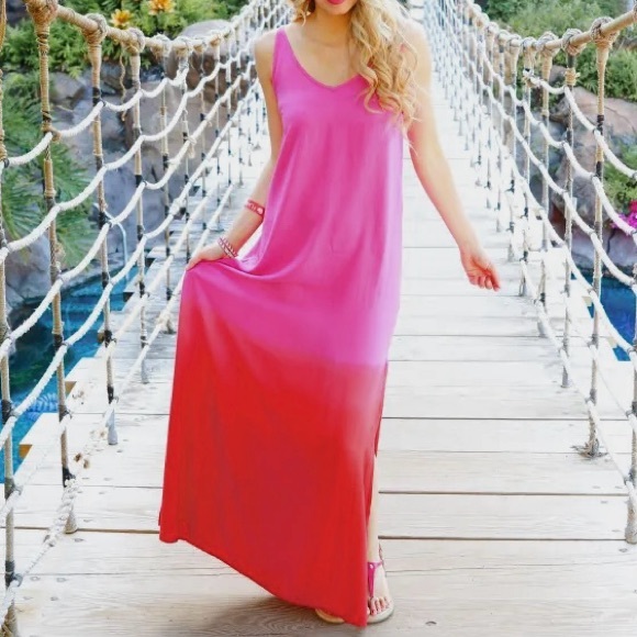 Billabong Dresses & Skirts - Billabong Ombre Sunset Pink Red Maxi Strappy Vacation Summer Dress with Slit